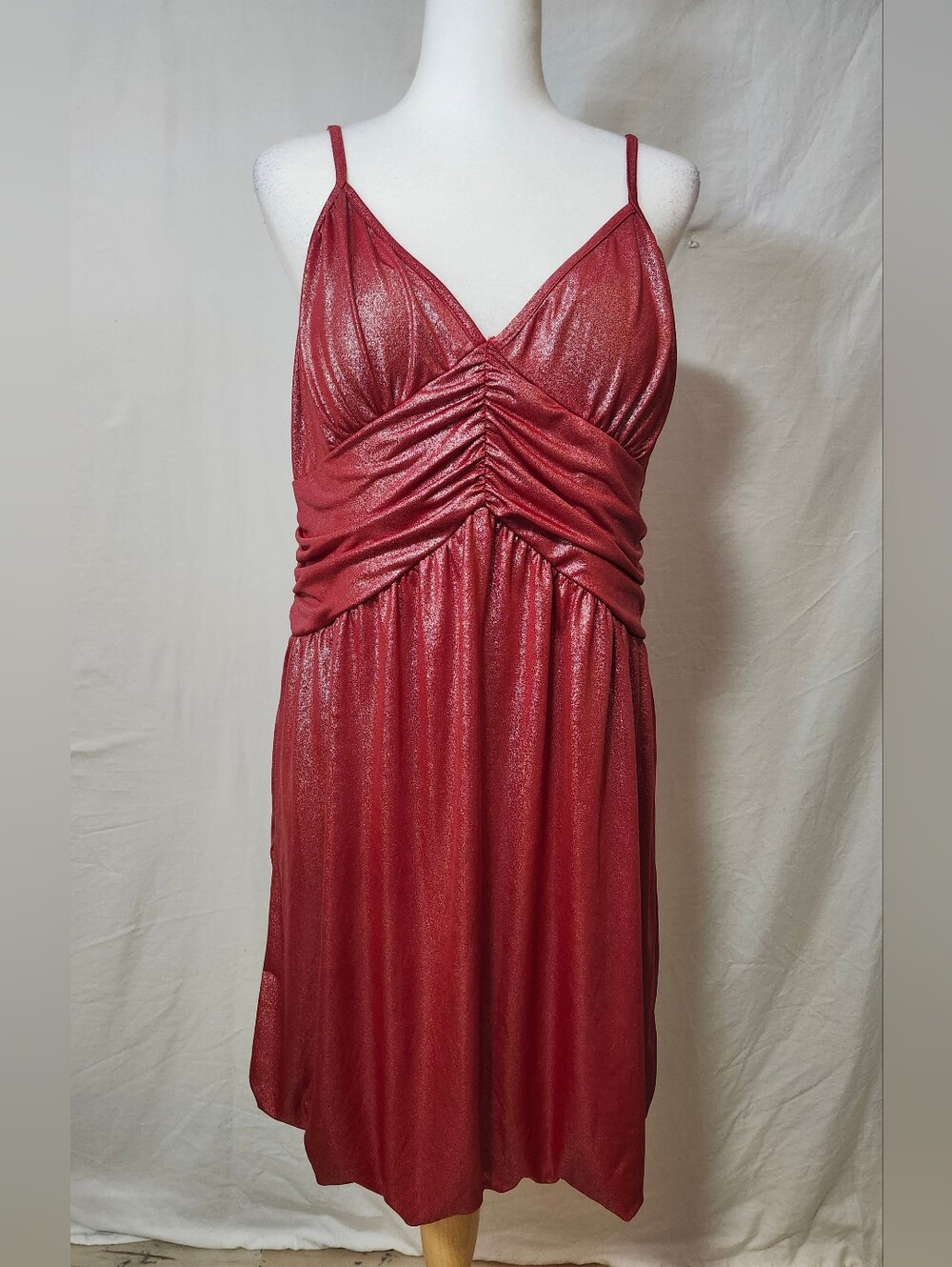 Primadonna Red Shimmer Ruched Spaghetti-Strap Dress